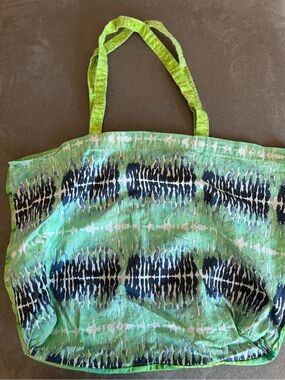 Green Patterned Canvas Tote Bag with Navy Accents